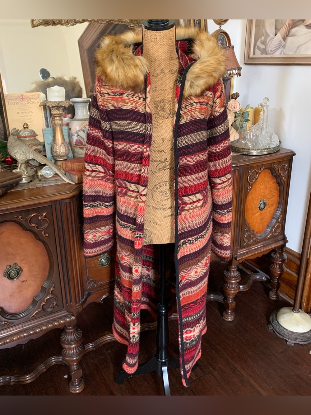 Vintage Boho Nepal-inspired Cardigan Sweater w Leather Belt & Faux Fur Hood - Picture 9 of 16